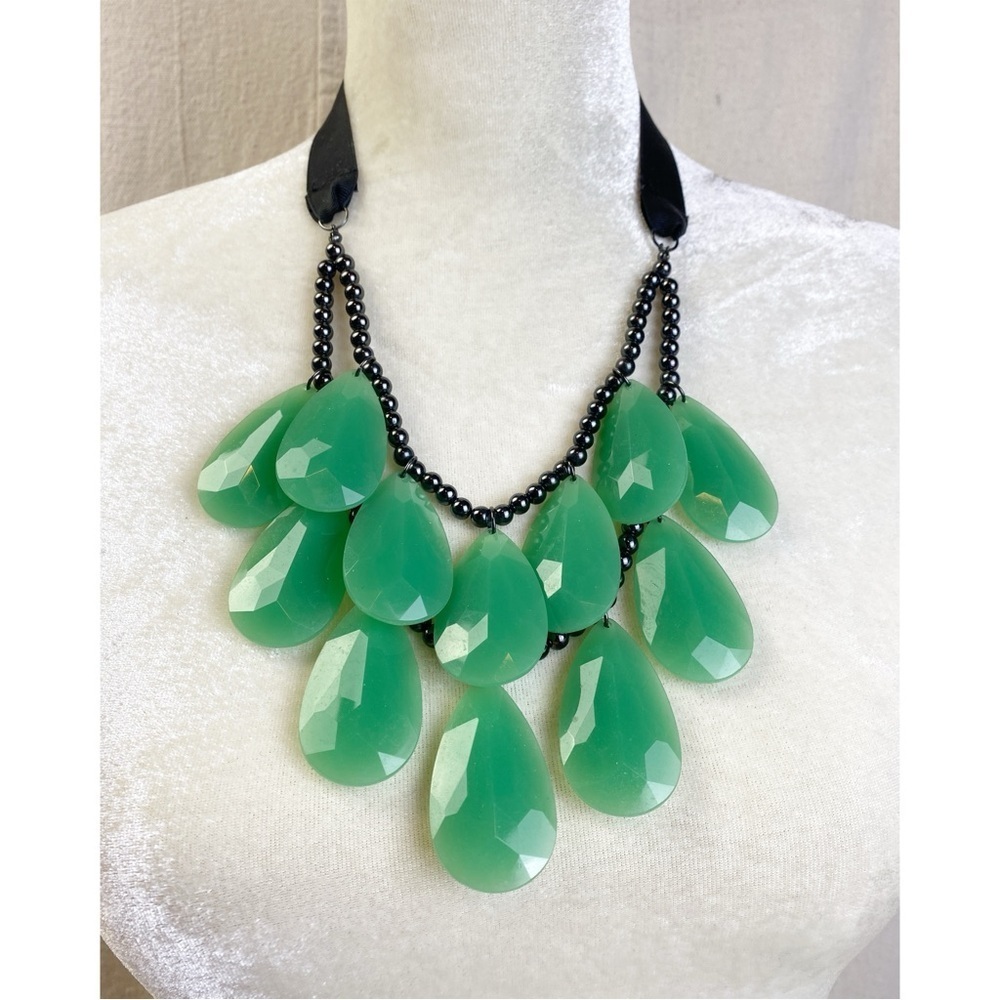 Witchy green acrylic drops on Black ribbon necklace